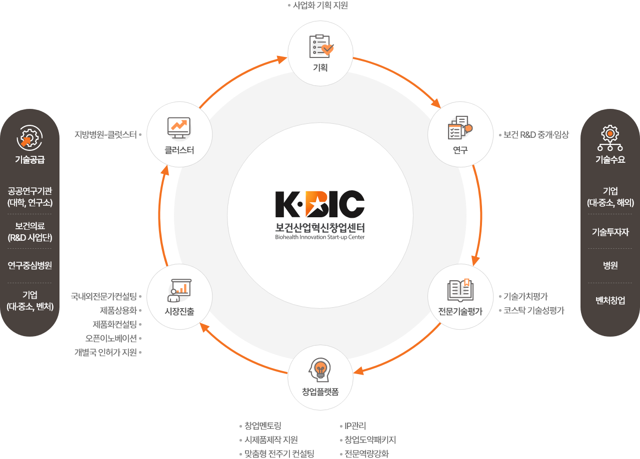 기획:사업화 기획 지원, 연구:보건 R&D 중개·임상,전문기술평가:기술가치평가/코스탁 기술성평가,창업플랫폼:창업멘토링/시제품제작 지원/맞춤형 전주기 컨설팅/IP관리/창업도약패키지/전문역량강화,시장친출:국내외전문가컨설팅/제품상용화/제품화컨설팅/오픈이노베이션/개별국 인허가 지원,클러스터:지방병원-클럿스터 :: 기술공금에는 공공연구기관(대학,연구소),보건의료(R&D사업단),연구중심병원,기업(대중소,벤처) :: 기술수요에는 기업(대중소,해외),기술투자자,병원,벤처창업